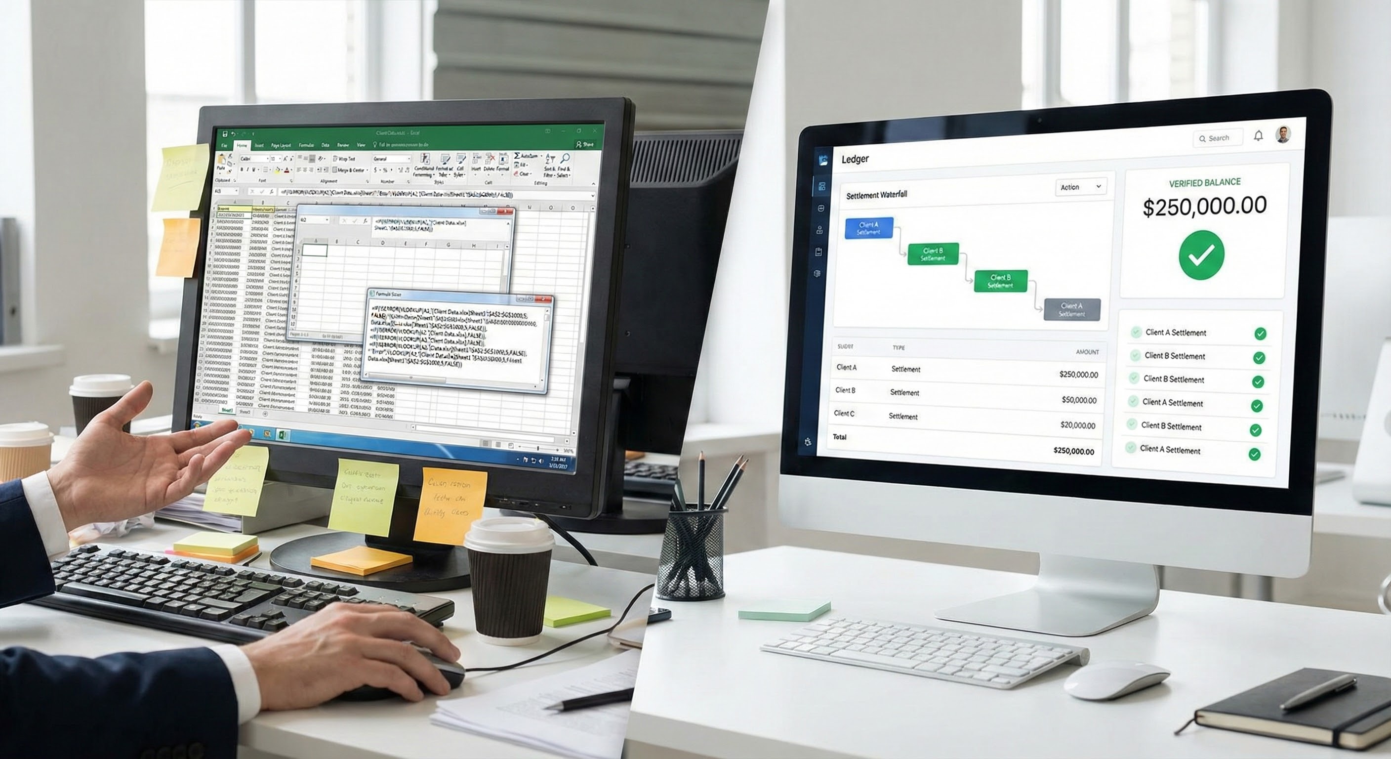 Complex settlement spreadsheet vs organized ledger